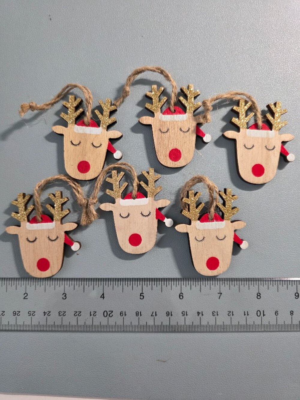 6 Reindeer Wooden Gift Tags Ornaments Apx 1" - NEW